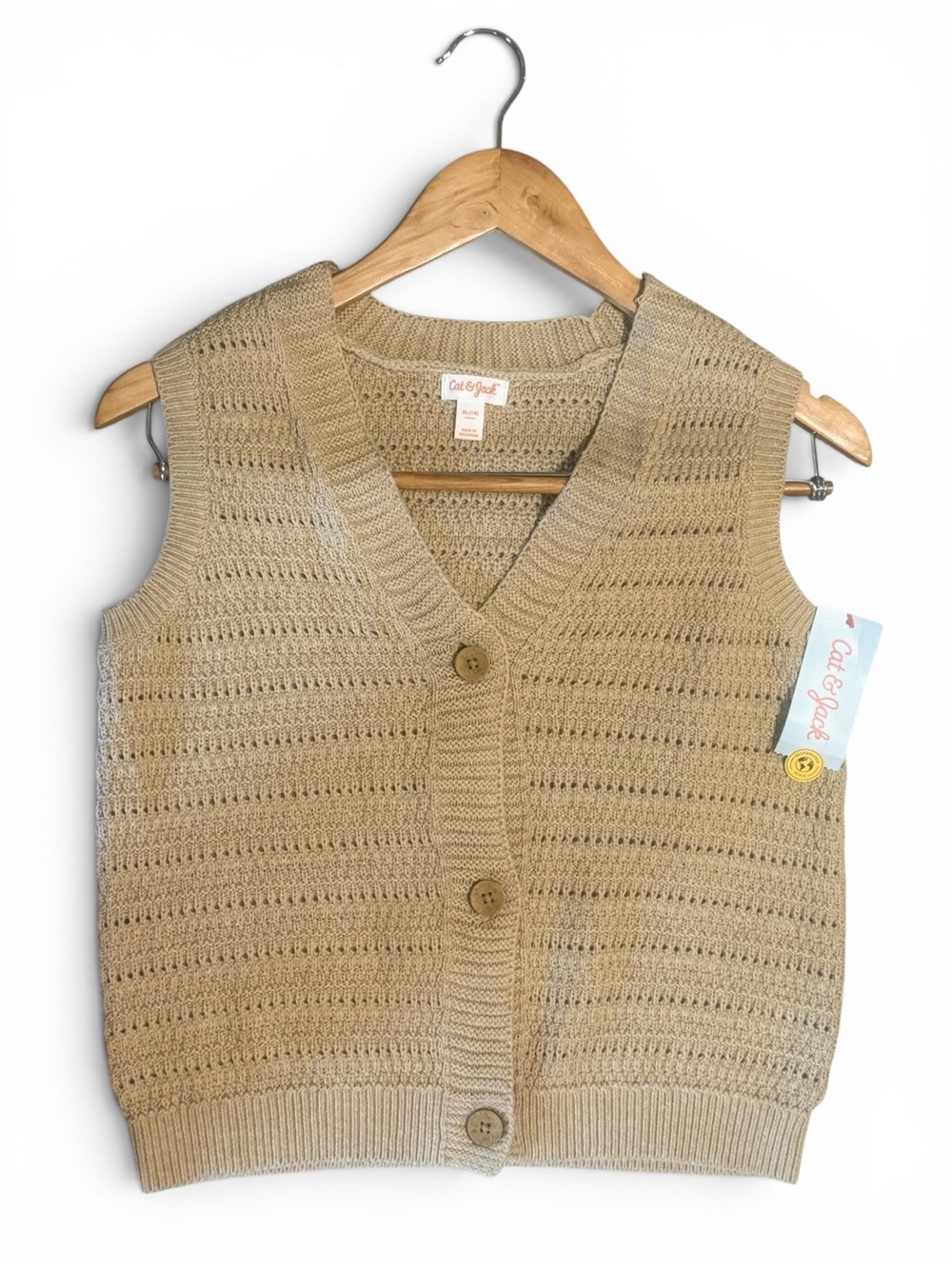 NWT Girl’s Cat & Jack Knit Button Up Vest XL 14 Tan